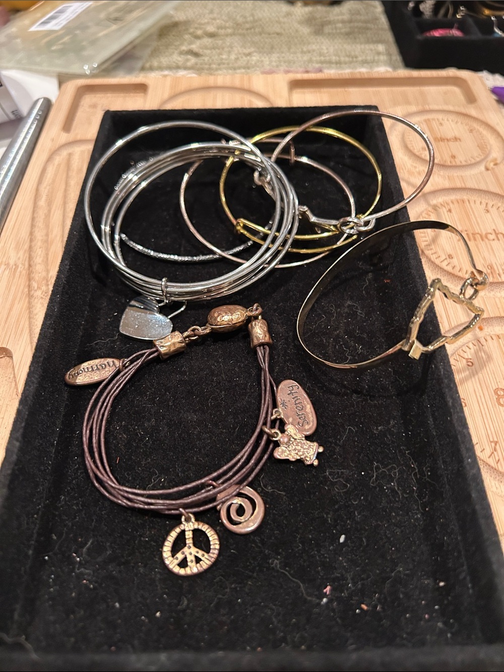 Serenity Silver and Gold Tone Bangles with Brown Cord Peace Charm Bracelet (7pcs